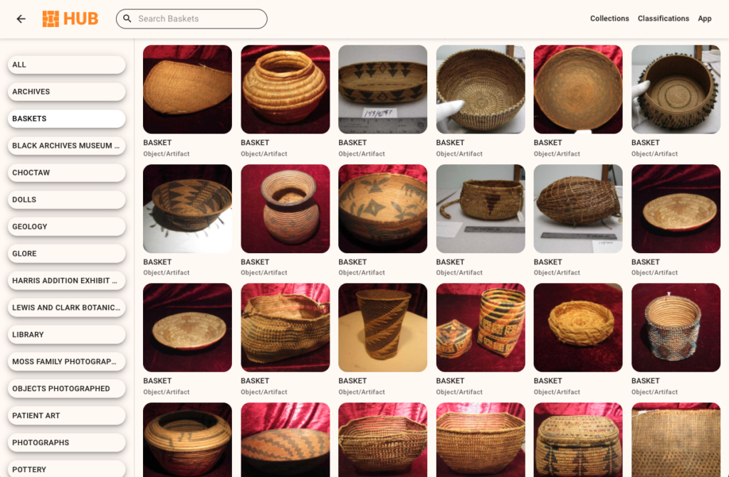 This screen capture of a page in the St. Joseph Museums digital collection features a collection of baskets of various types and sizes, to show what a digital gallery might look like.
