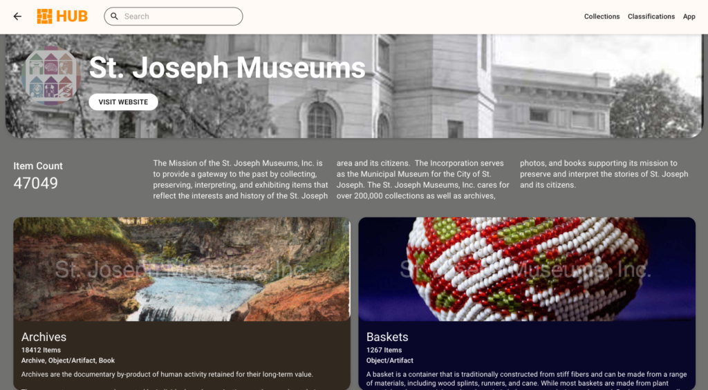 This screen capture of the St. Joseph Museums digital collections home page depicts the view that visitors the site, such as researchers see.