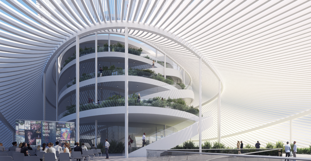 Image is an architectural rendering of the National Pulse Museum in Orlando that illustrates beautiful architecture.