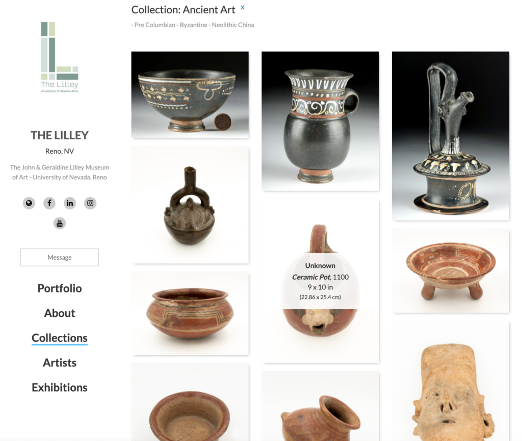 Screen capture shows a page within the Lilley Museum of Art's online collection that features a gallery of photos of pottery pieces.