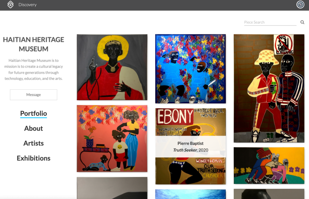 Screen capture shows a page from the Haitian Heritage Museum's online collection, with numerous works depicting Black women, men, and children, by Pierre Baptist.