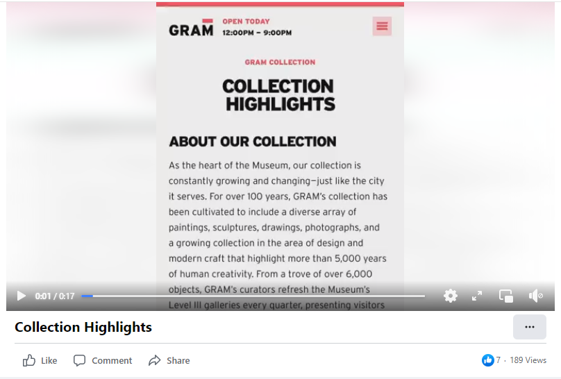 Screen capture shows the first segment of the collections highlights video that the Grand Rapids Art Museum used to promote their online collections on Facebook.