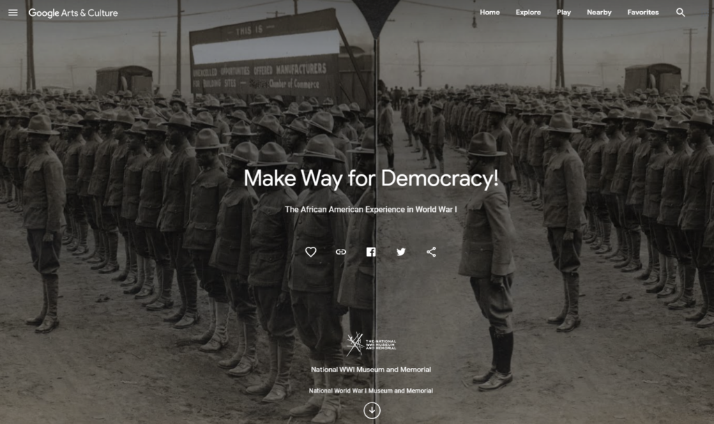 Screen capture shows the first page of the Make Way for Democracy online exhibit by the WWI Museum, featuring black and white photos of African-American soldiers standing in rows.